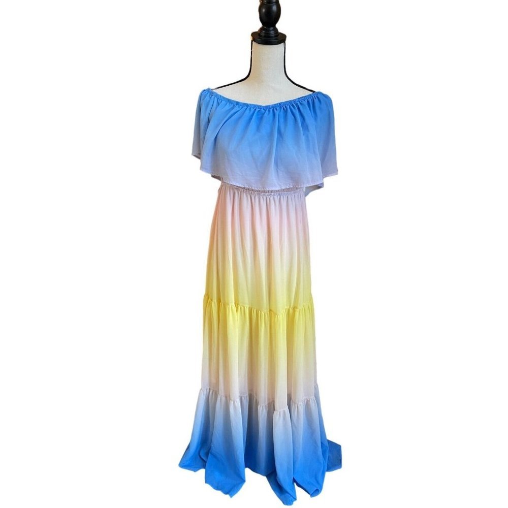 Lillys Kloset Chiffon Multi Blue Yellow Hombre Flowy Beach Maxi Dress Size L